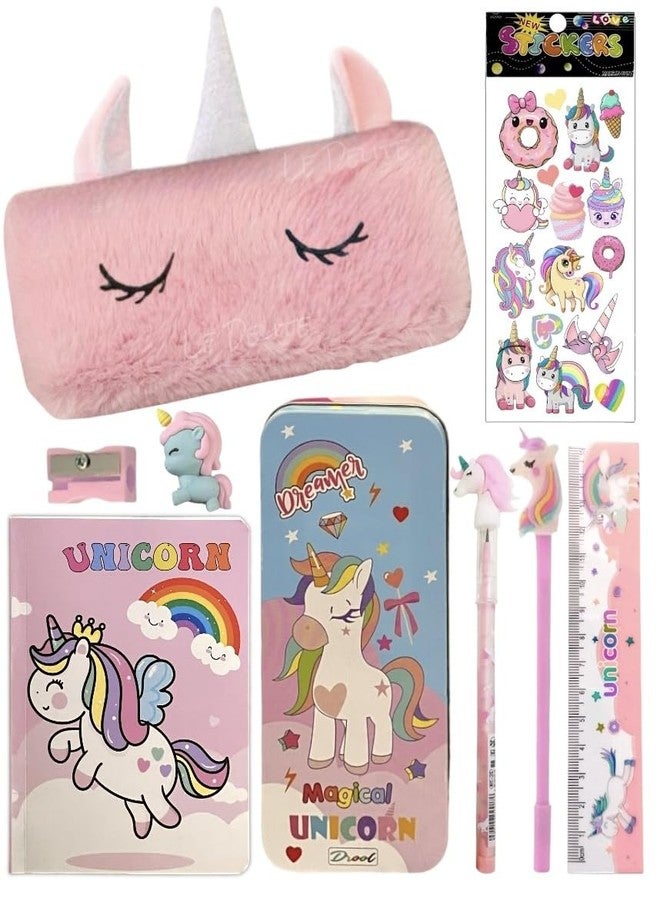 Le Delite Combo Gift Pack of 10 Items diary with fur pouch, geometry box case unicorn Stationery Set for Girls Kids, cute fancy stylish pen pencil & eraser - Image 1